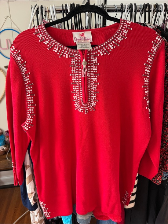 Quacker Factory Tops - Quacker Factory Red Embellished Knit Pullover with Tassel Zipper pull